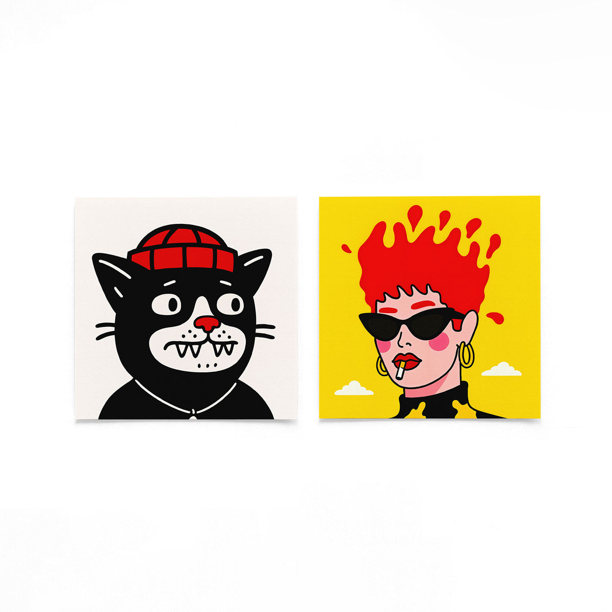 Twee vierkante posters met kat en popart portretten op een gebroken witte achtergrond