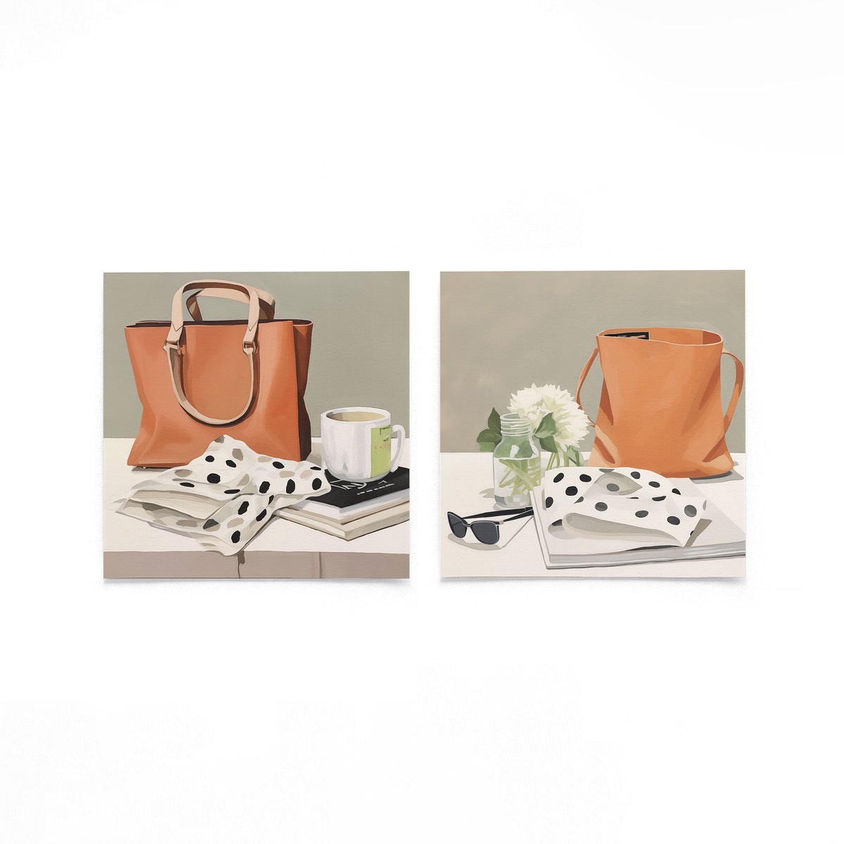 Twee vierkante posters met oranje shopper op een gebroken witte achtergrond