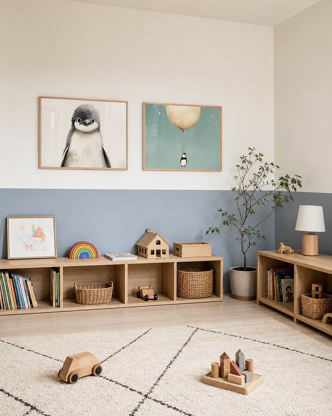 Tweedelige posterset met donkere tinten en een rustige visuele opbouw, getoond in een interieur