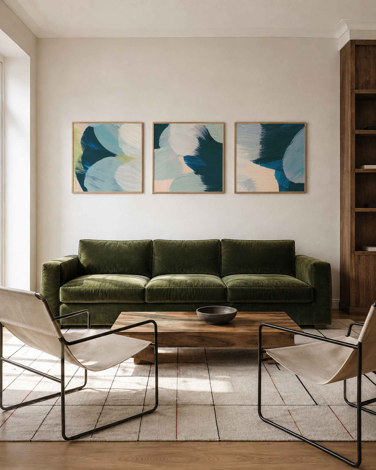 Interieurpresentatie van een driedelige vierkante posterset met abstracte blauwe vormen