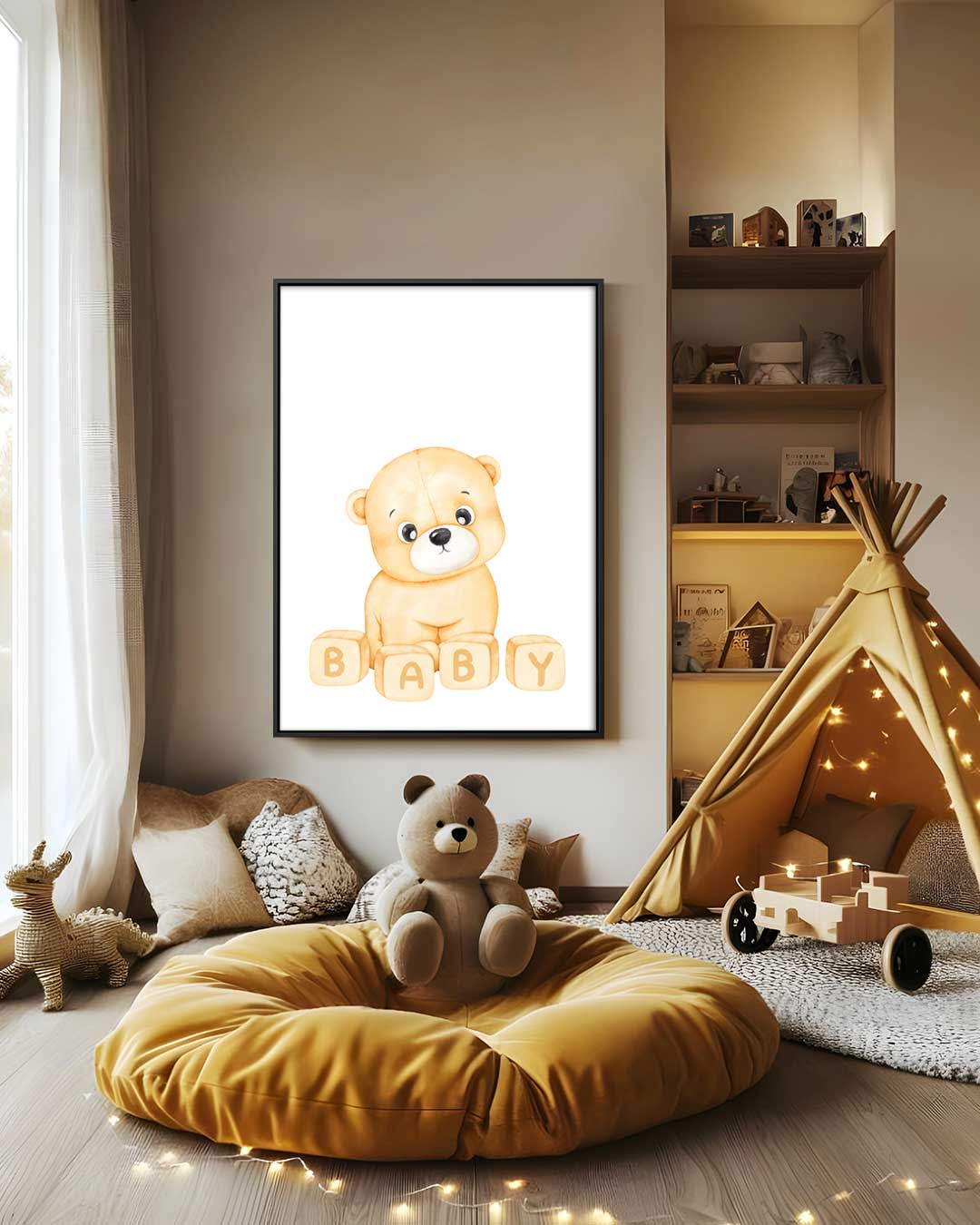 Schattige Beer Illustratie met Blokken Kunstwerk-canvas-dibond-plexiglas-wanddecoratie-WallArtistic