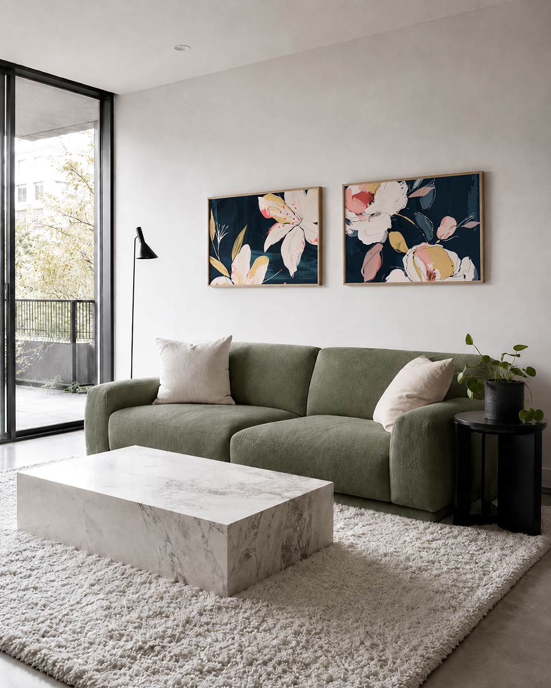 Tweedelige posterset met delicate witte bloemen met roze accenten en gele bladeren, getoond in een interieur