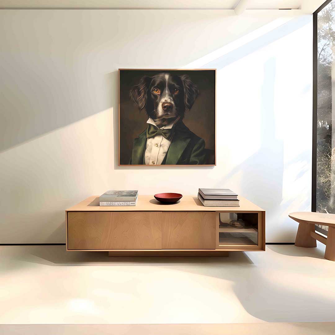 Hond in groene jas Poster