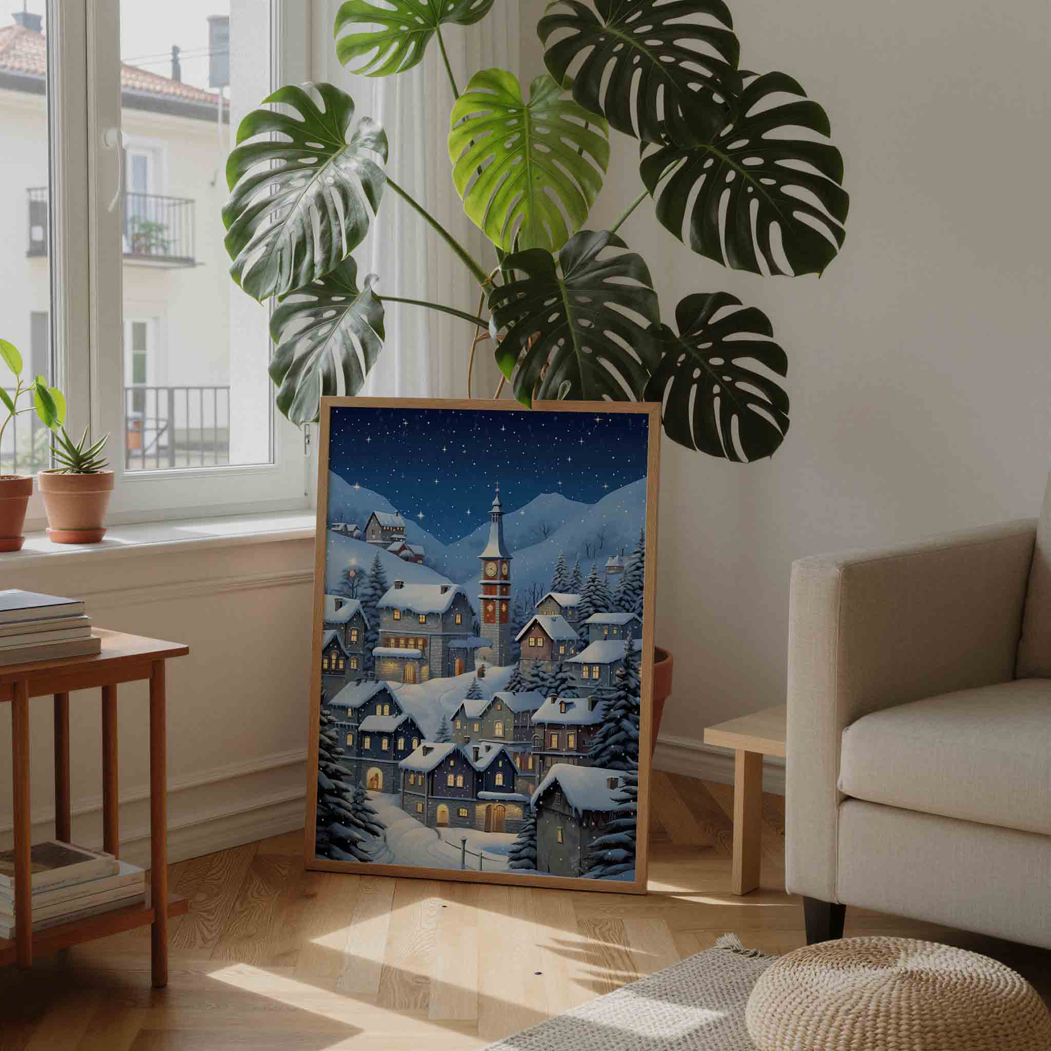 Sneeuwlandschap met huizen Poster