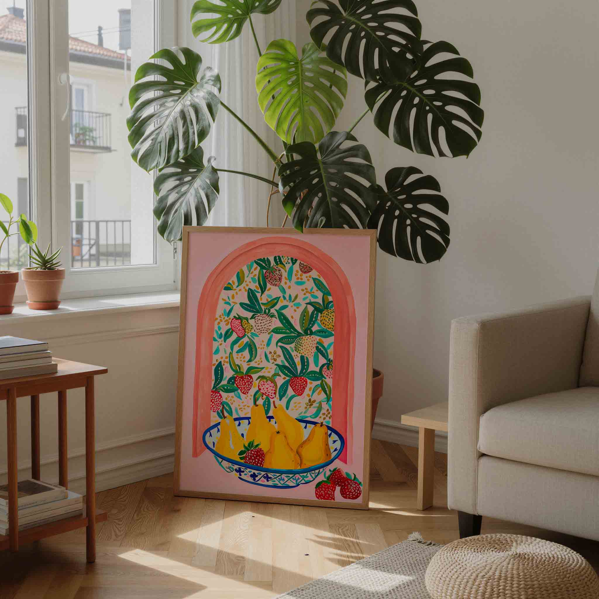 Fruitmand met peren en aardbeien Poster
