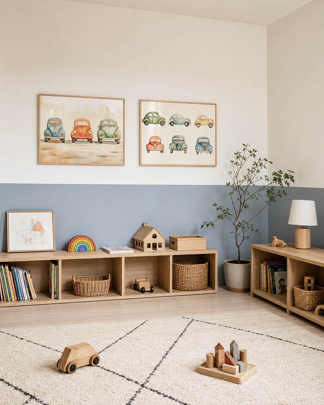 Twee liggende posters met drie auto's in blauw, oranje en groen naast elkaar, aan de muur in een interieur