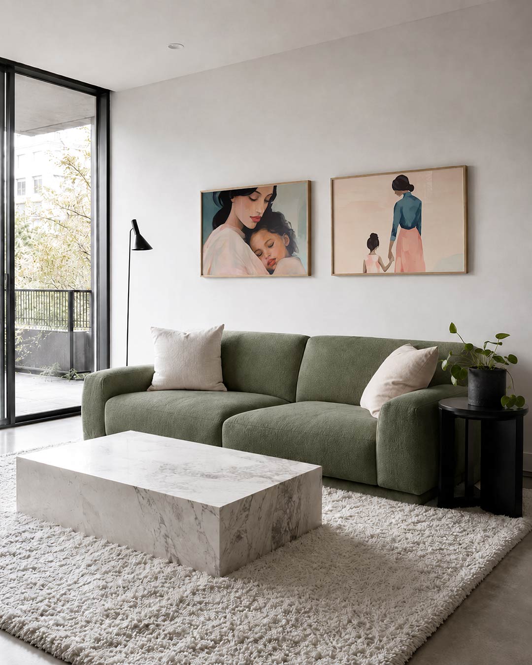 Interieurpresentatie van twee posters met donkere tinten en een rustige visuele opbouw