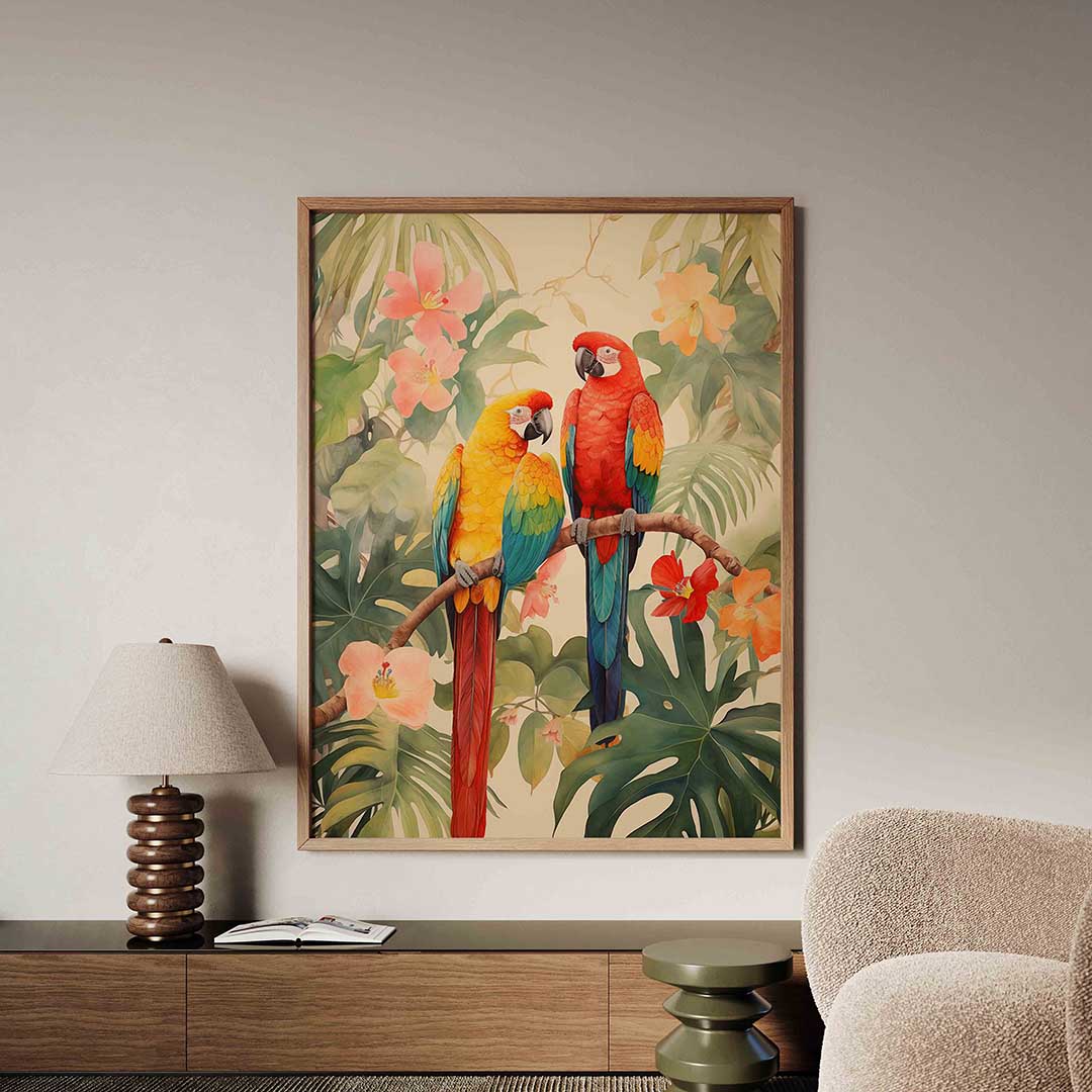 Papegaaien en bloemen Poster