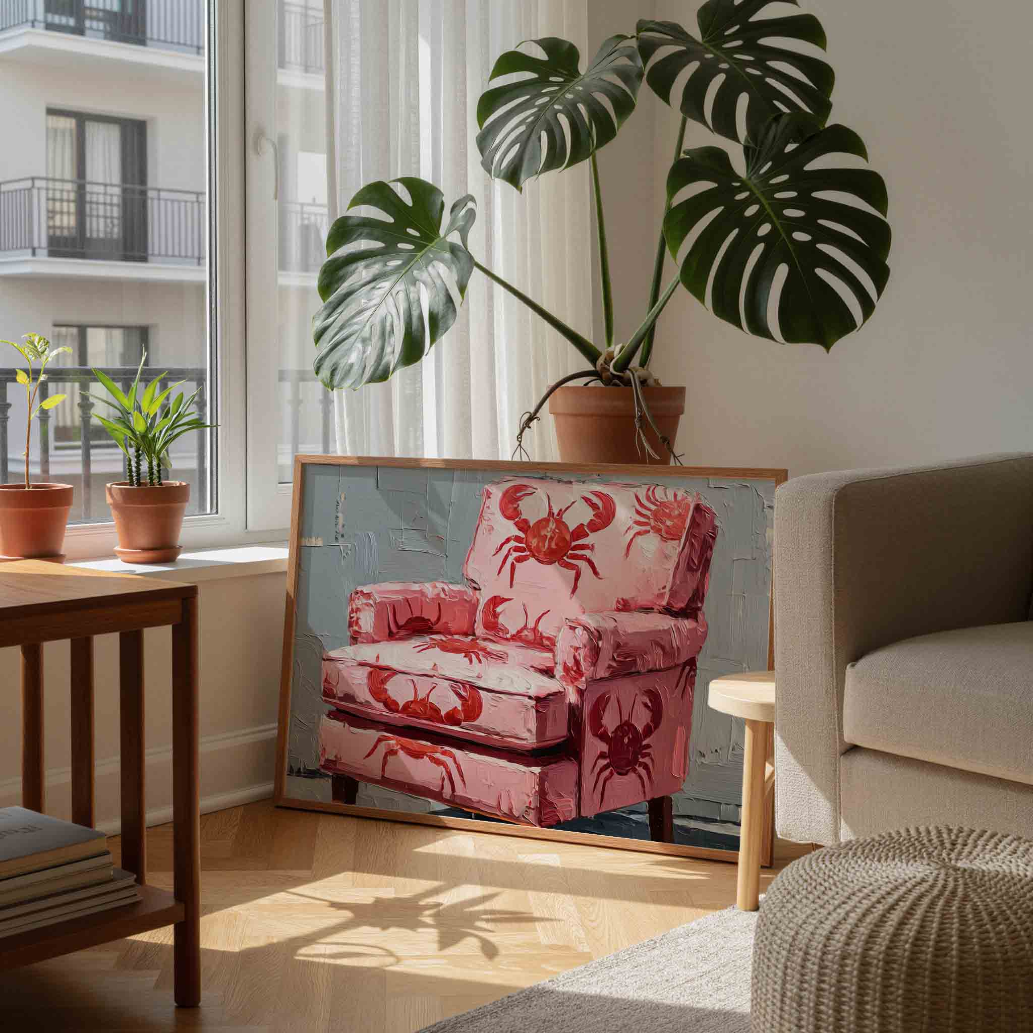 Kreeftmotief op roze stoel Poster