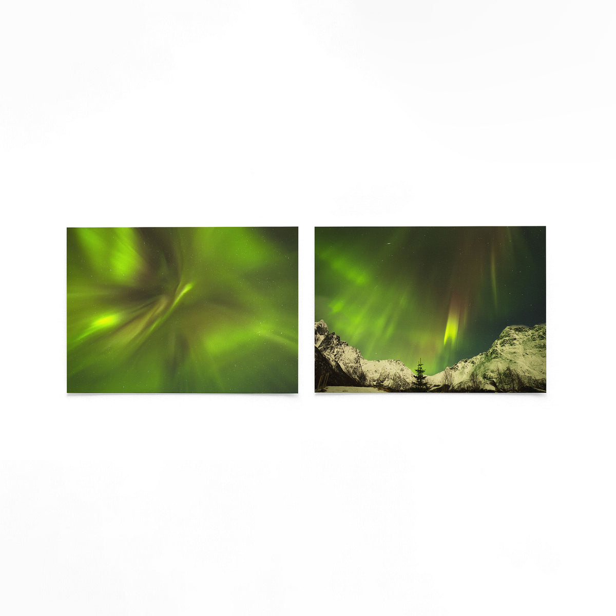 Productfoto van twee liggende posters met noorderlicht boven sneeuwbergen – Gerald Emming