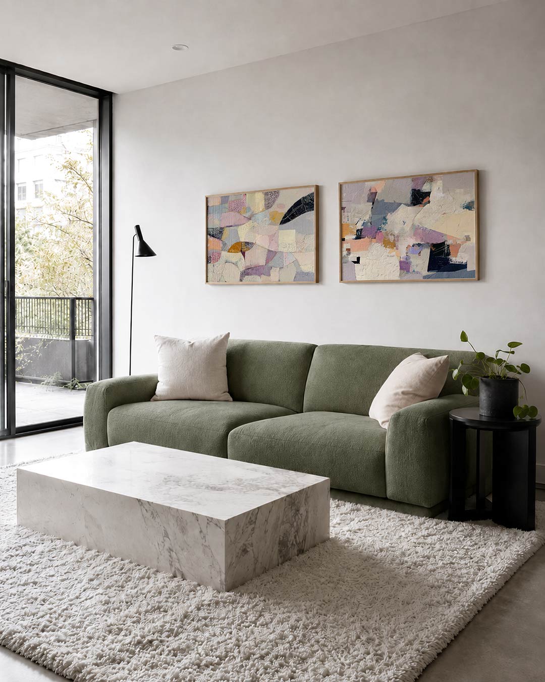 Twee liggende posters met lijnen in zachte pasteltinten, aan de muur in een interieur