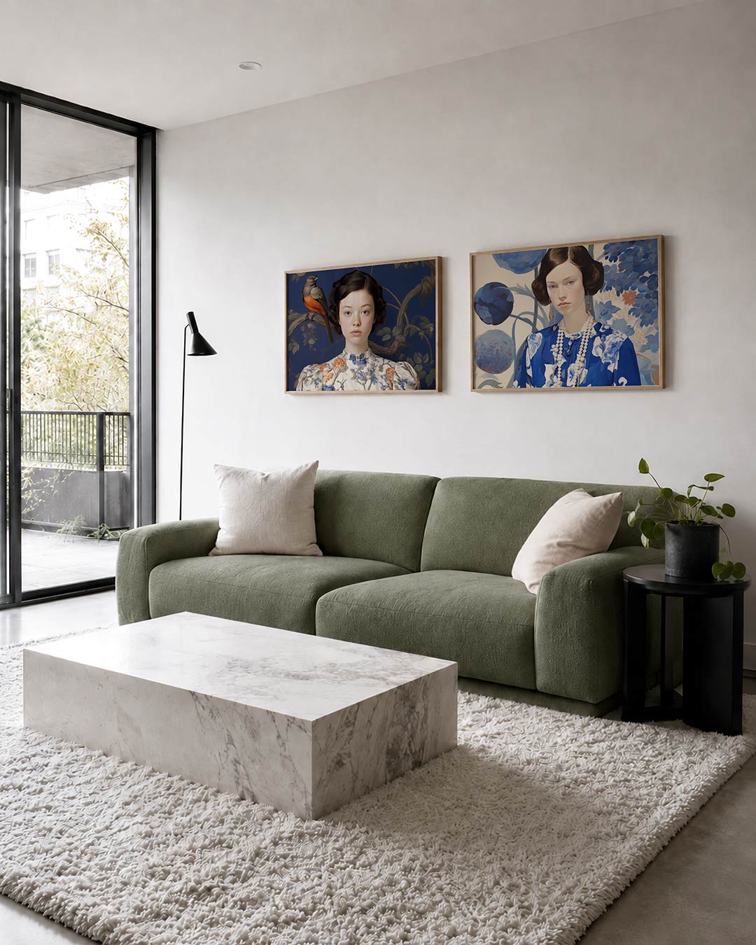 Twee liggende posters met donkere tinten en een rustige visuele opbouw, aan de muur in een interieur