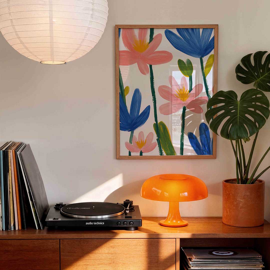 Bloemen in blauw en roze Poster