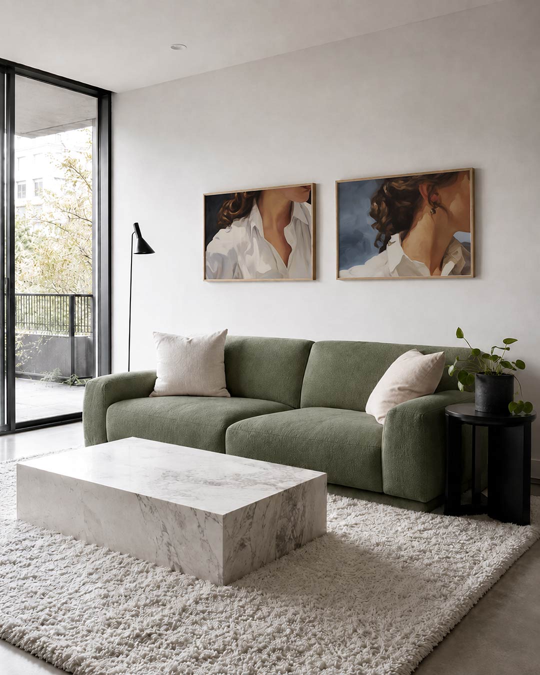 Tweedelige posterset met een vloeiende combinatie van zachte lijnen en warme kleuren, getoond in een interieur