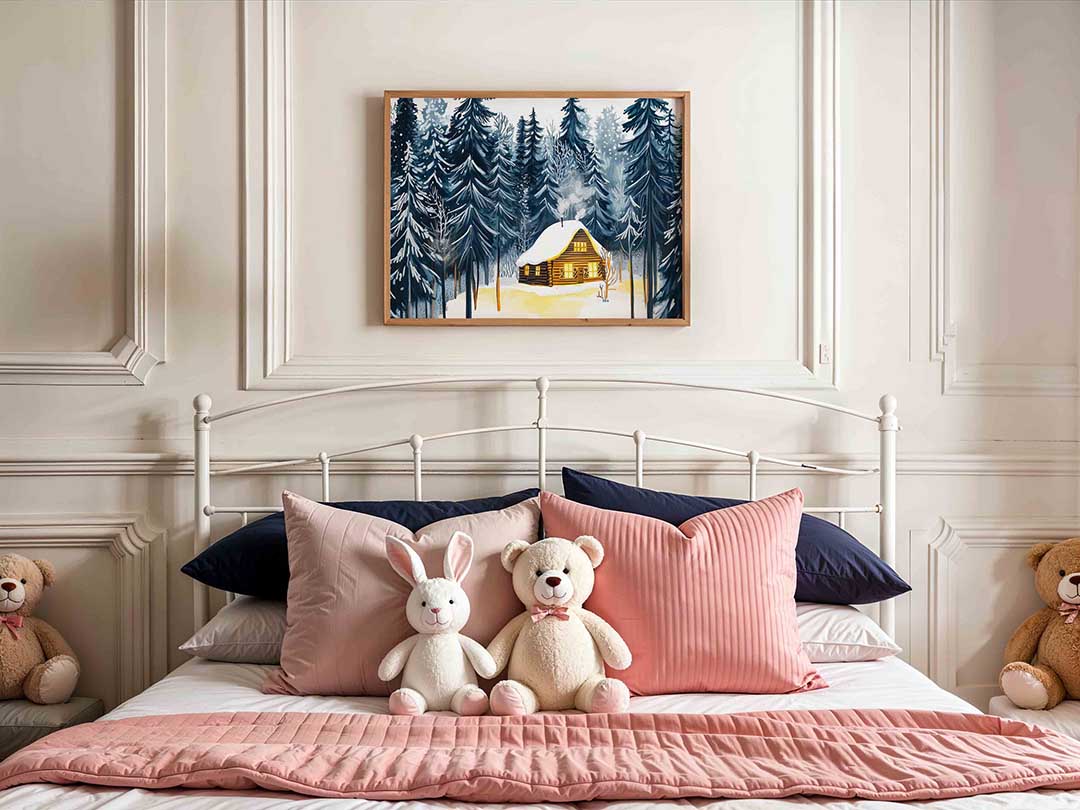 Winterlandschap met houten huis Poster