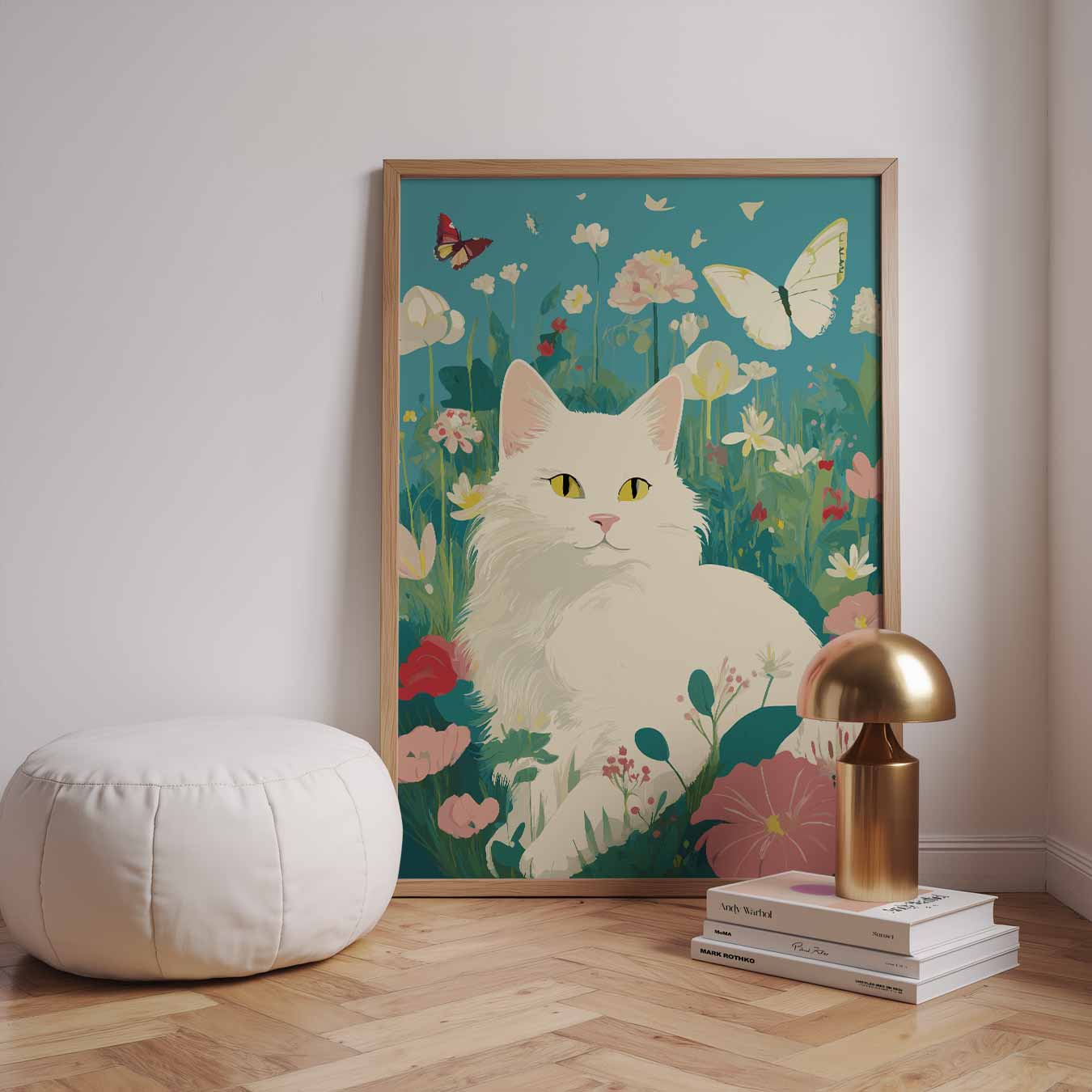 Vrolijke Kat in Bloementuin Poster-WallArtistic