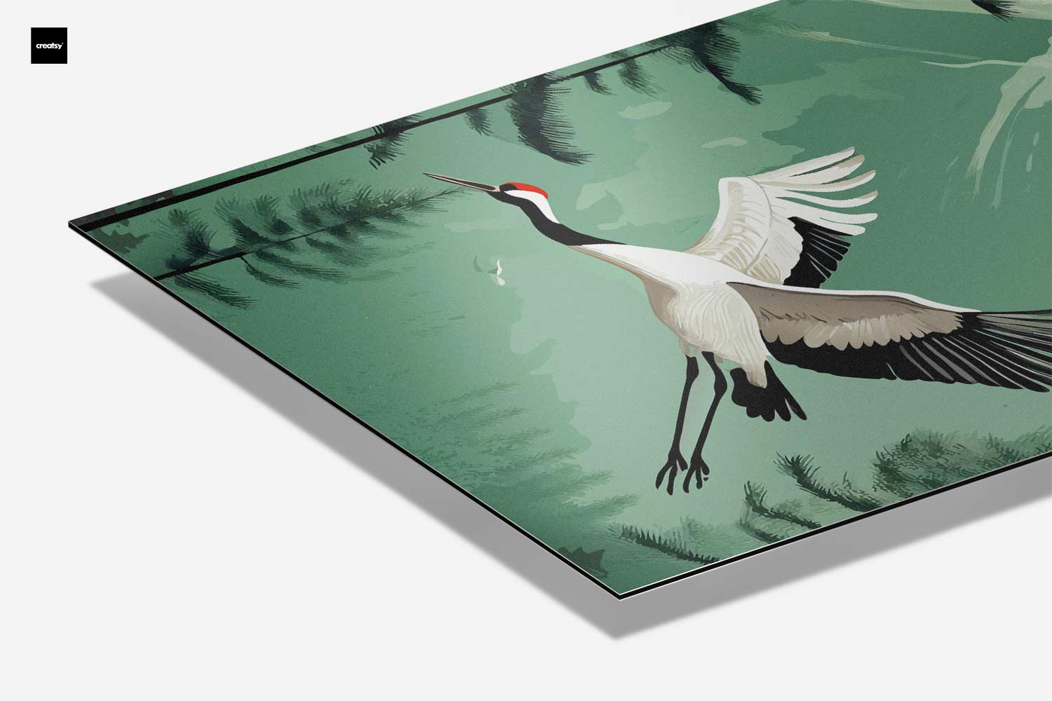 Kunstwerk: Fliegende Kraniche in einer Berglandschaft