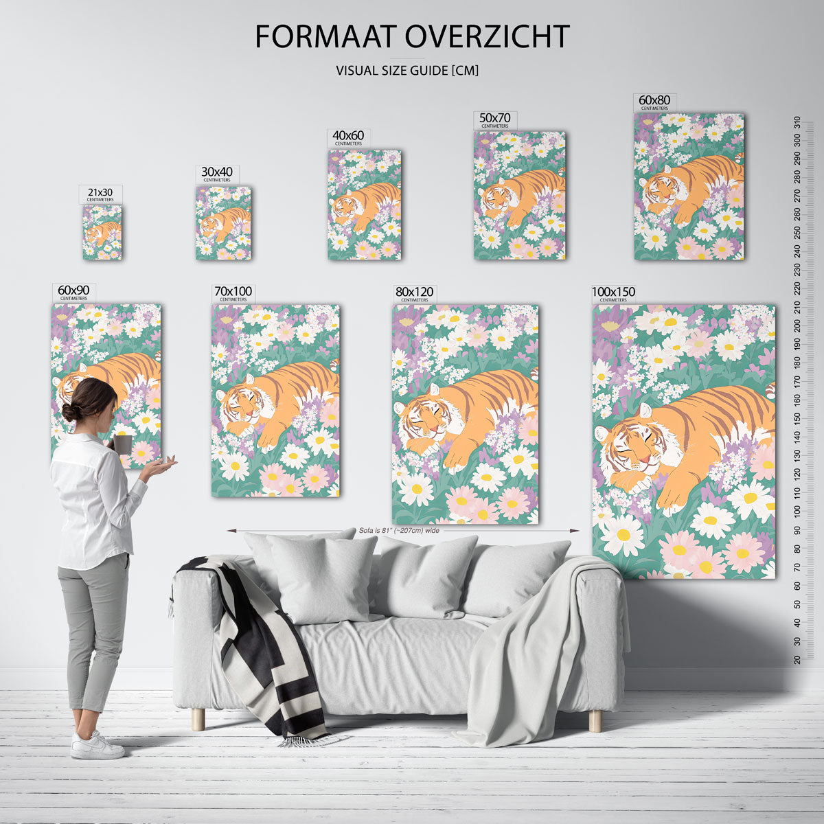 Slapende tijger tussen bloemen Poster
