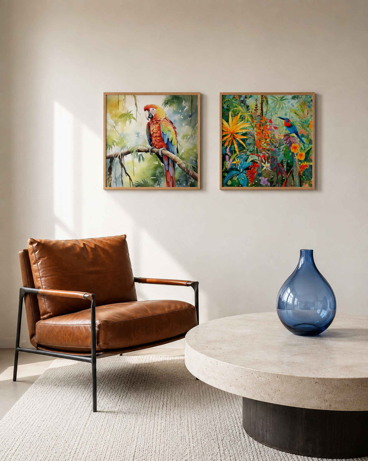 Interieurpresentatie van een tweedelige vierkante posterset met papegaaien in het groen