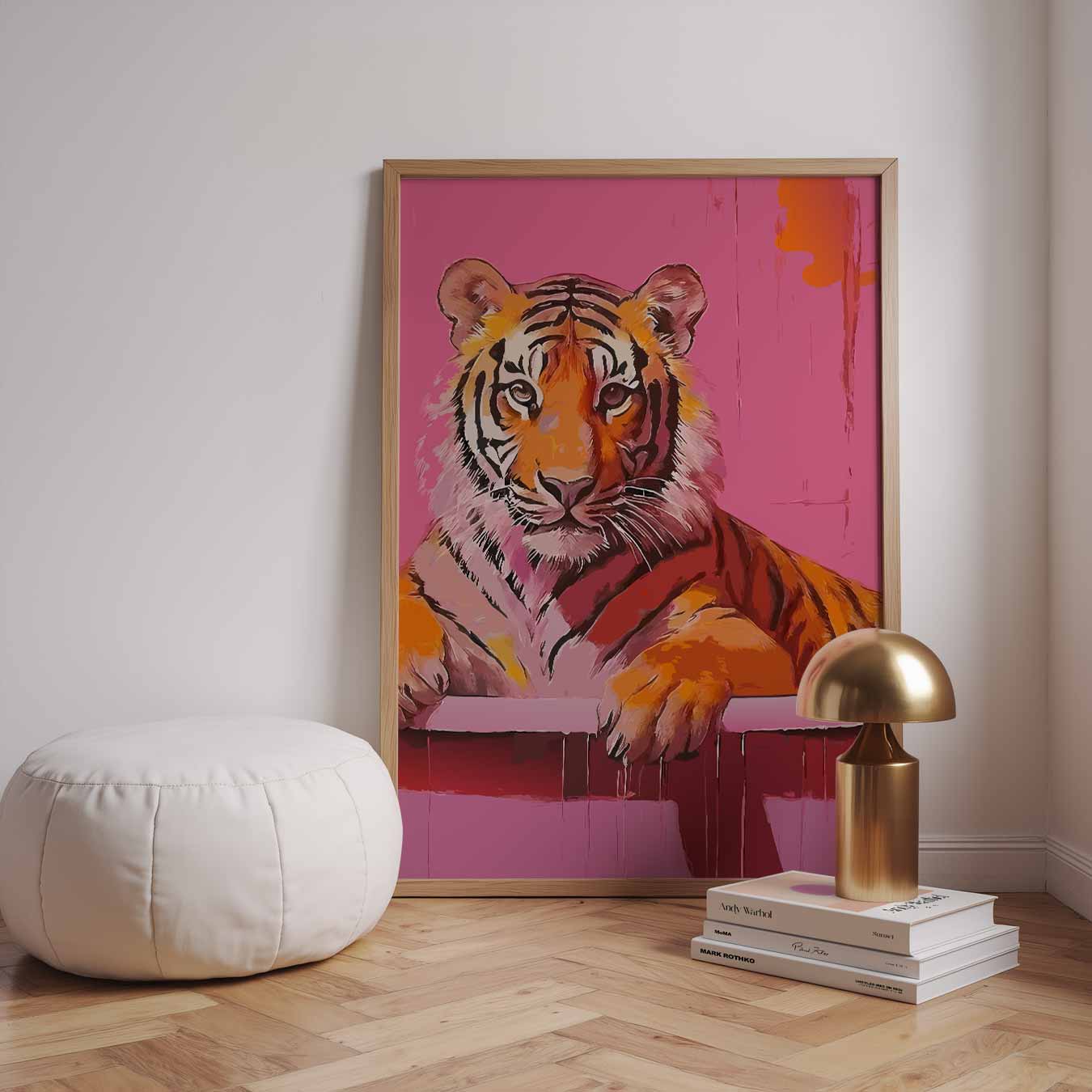 Vrolijke Tijger op Roze Achtergrond Poster-WallArtistic