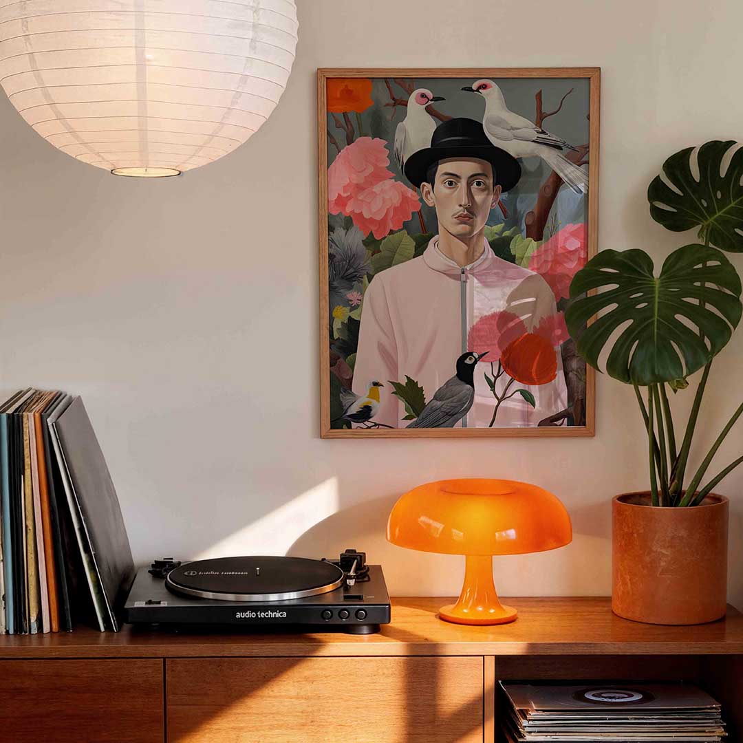 Man met vogels en bloemen Poster