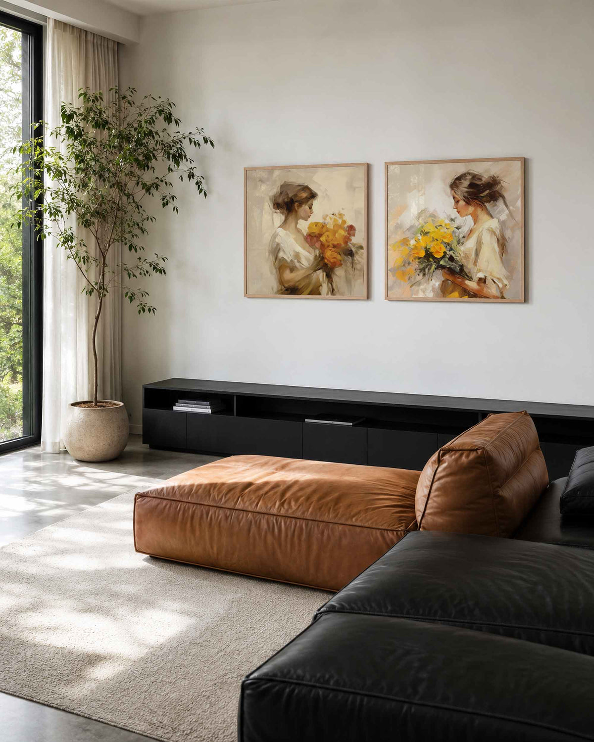 Interieurpresentatie van een tweedelige vierkante posterset met vrouwen met bloemen