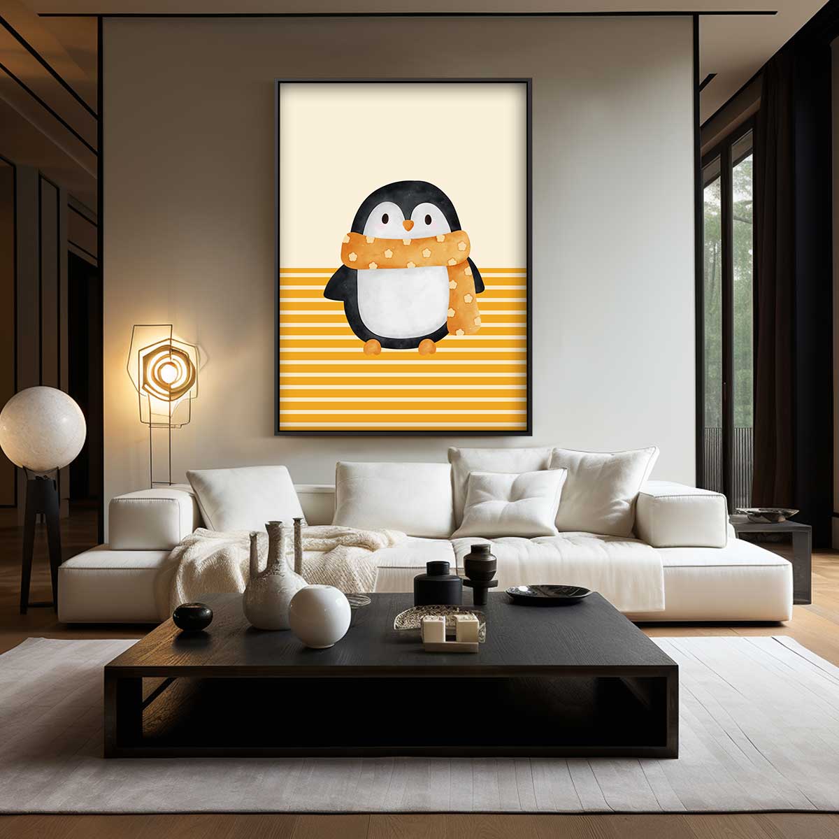 Schattige Pinguïn met Sjaal Illustratie Kunstwerk-canvas-dibond-plexiglas-wanddecoratie-WallArtistic