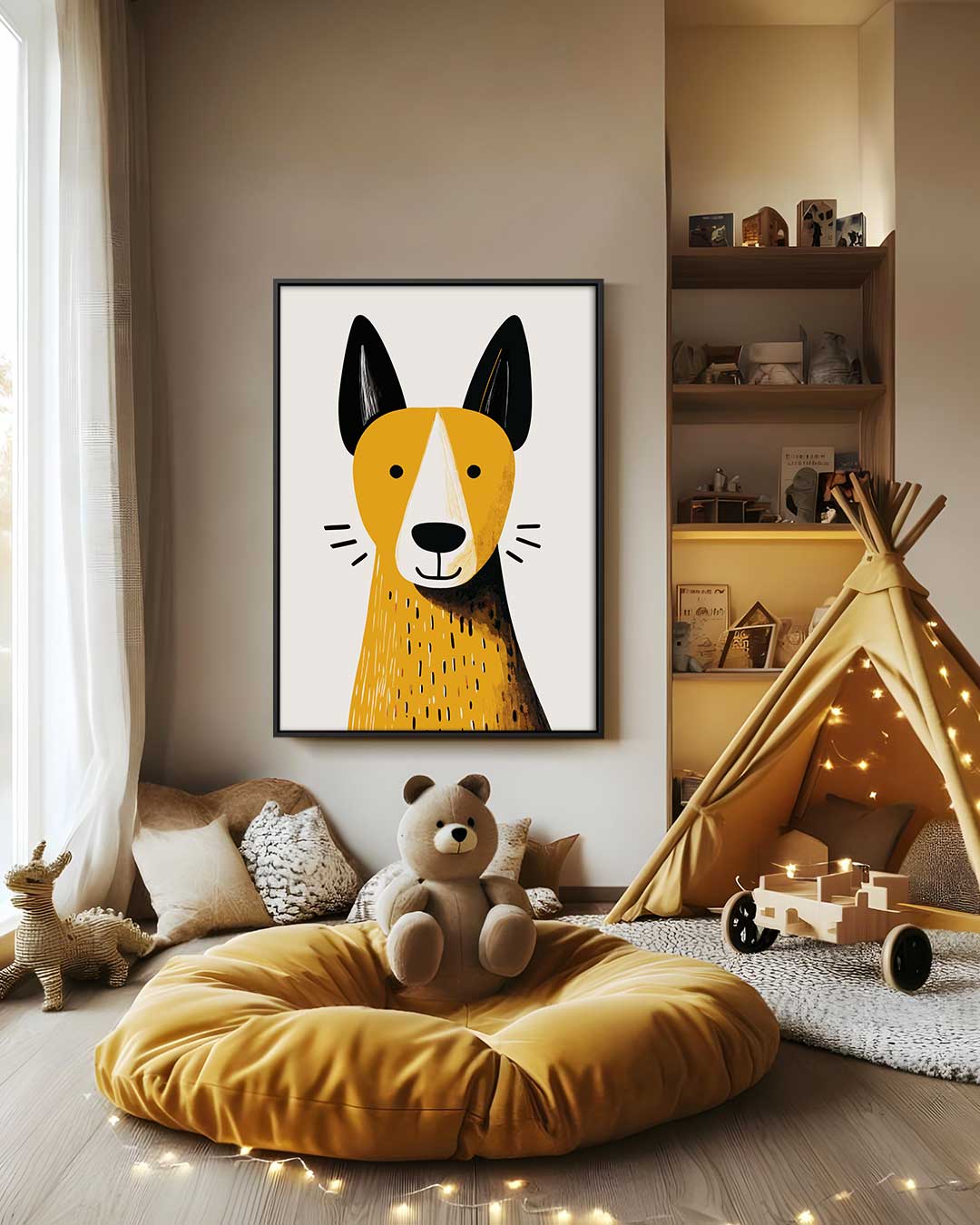 Vrolijke Hond Illustratie Kunstwerk-canvas-dibond-plexiglas-wanddecoratie-WallArtistic