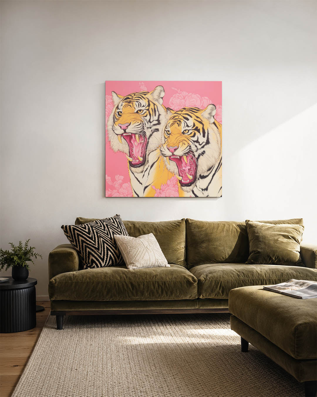 Tijgers op roze achtergrond Kunstwerk
