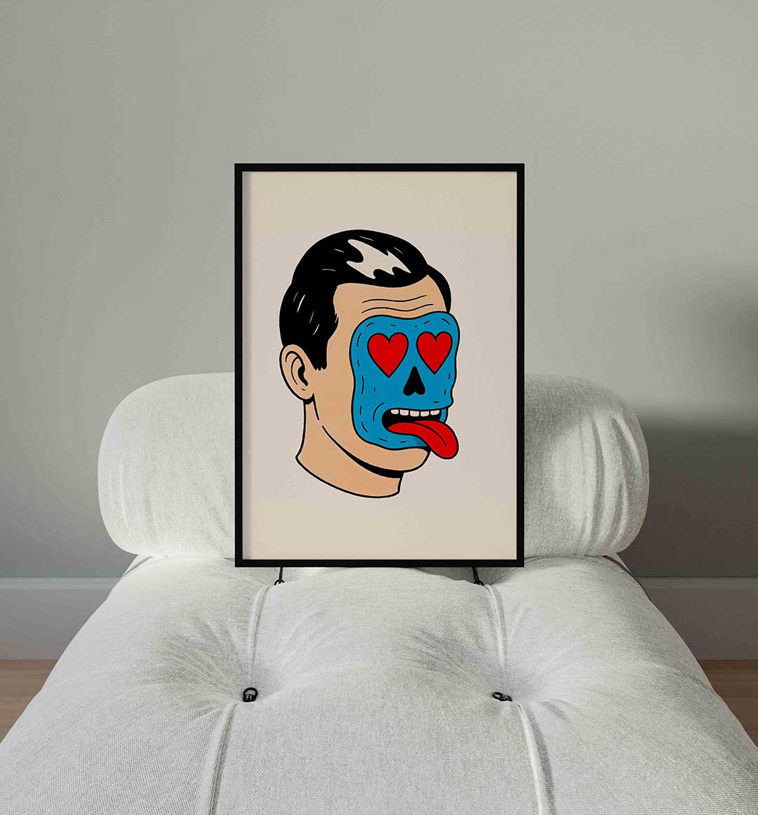 Blauw gezicht met rode harten Poster