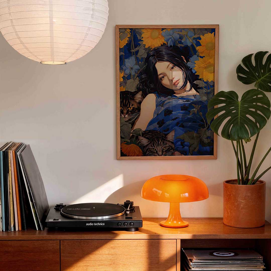 Vrouw met katten en zonnebloemen Poster