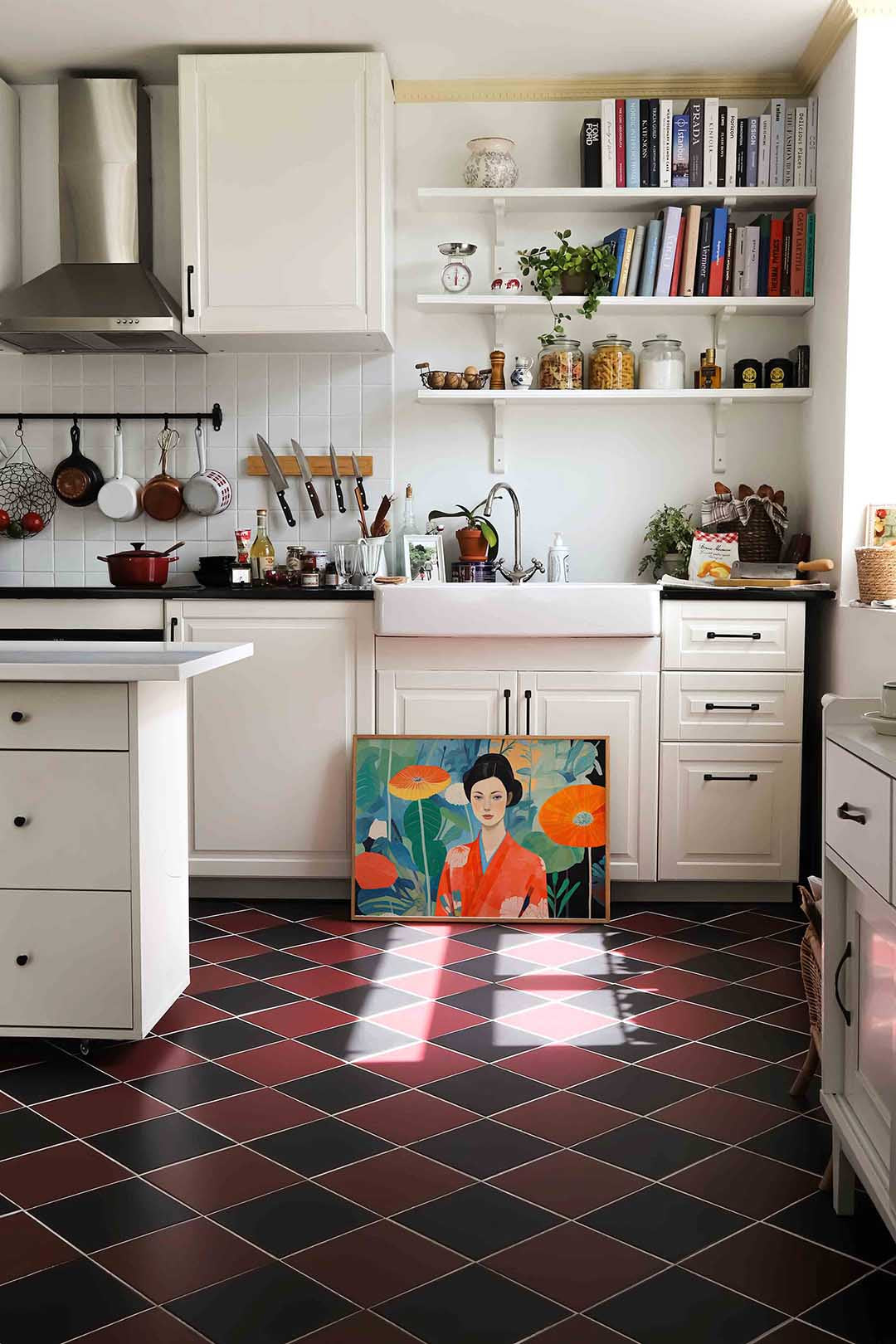 Vrouw in kimono met bloemen Poster