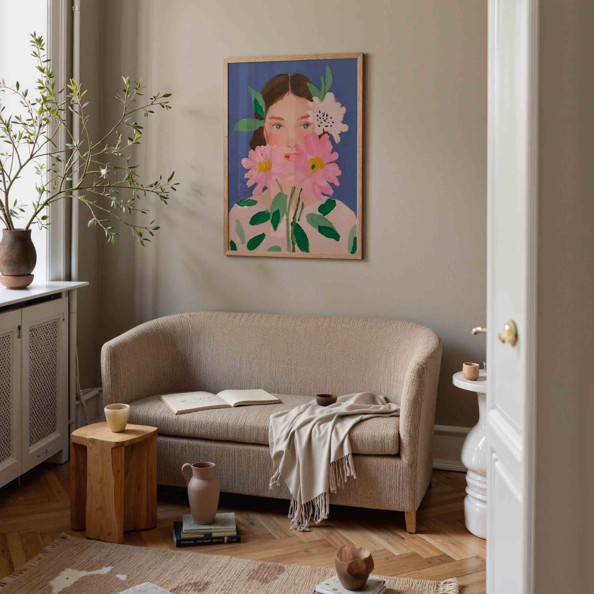 Bloemen en gezicht Poster