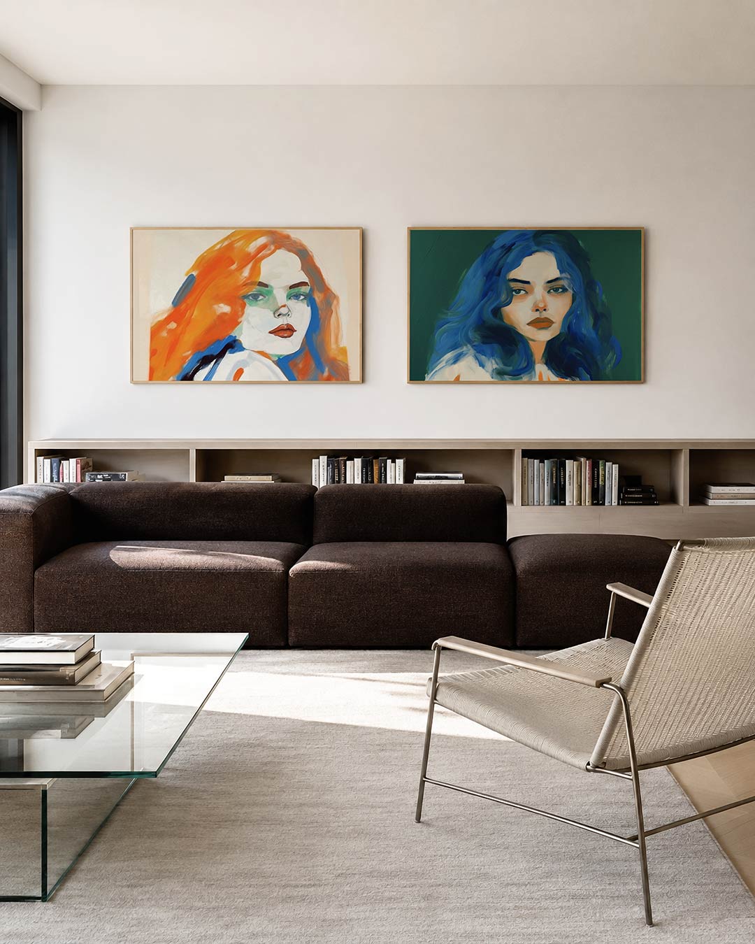 Twee liggende posters met een gezicht met levendige kleuren, aan de muur in een interieur