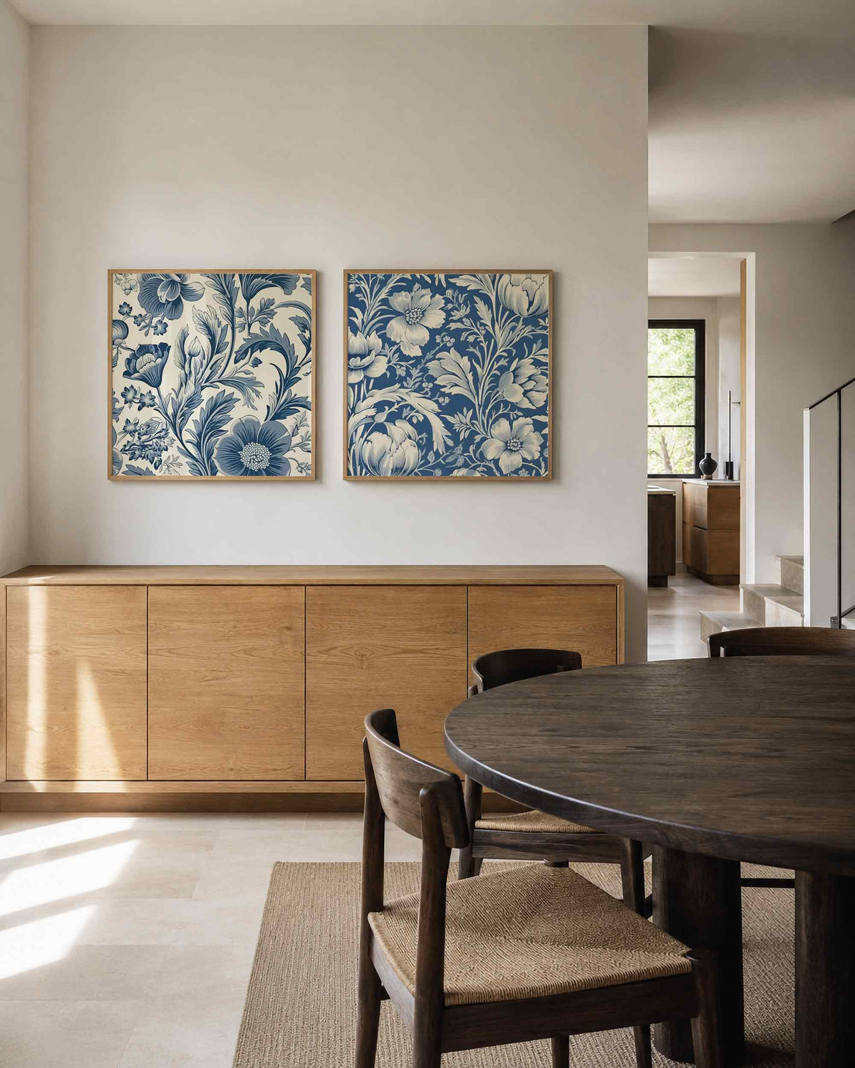 Interieurpresentatie van een tweedelige vierkante posterset met blauwe bloemen