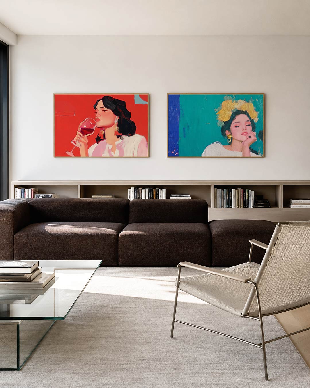Twee liggende posters met een vrouw met donker haar houdt een glas rode wijn vast, aan de muur in een interieur