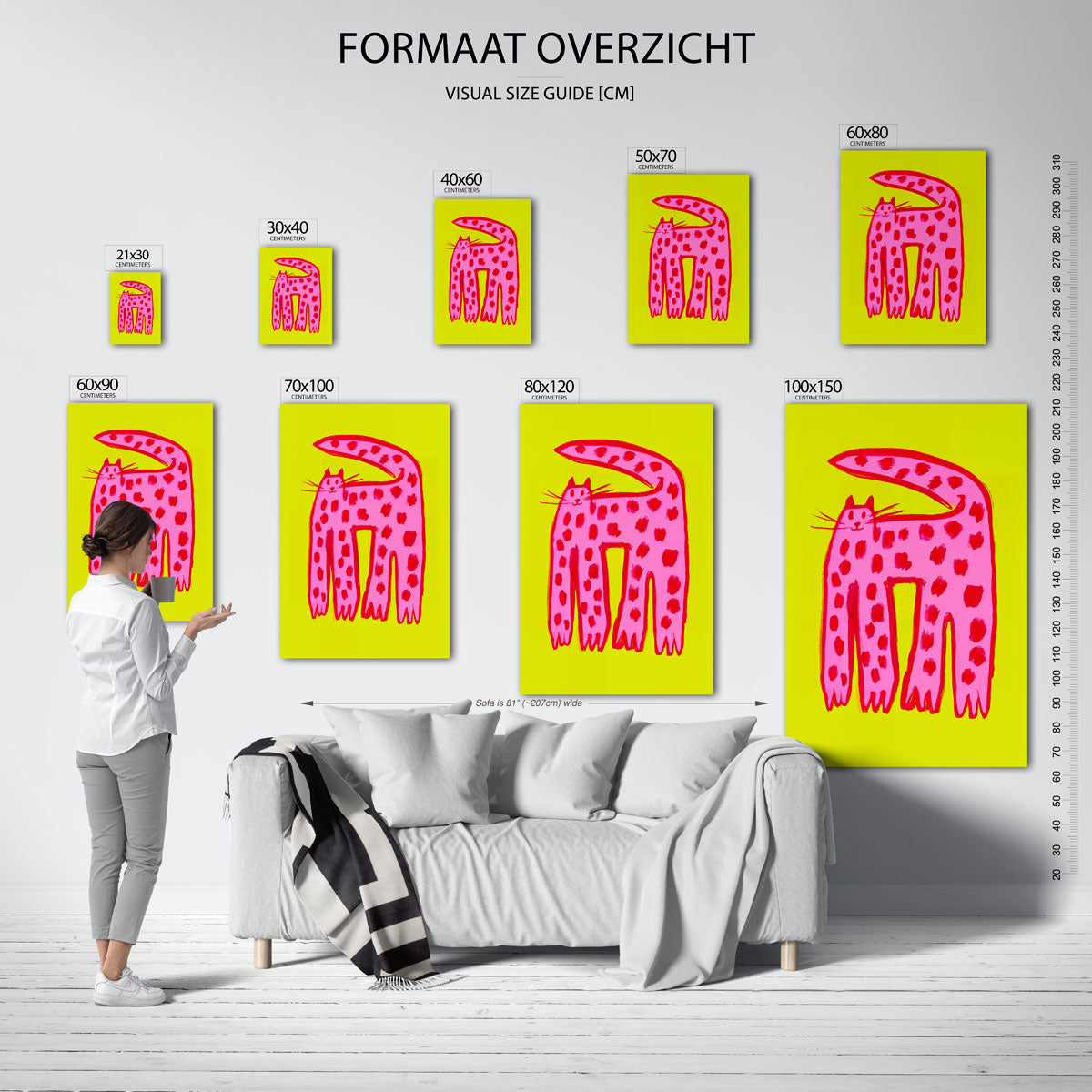 Roze kat op gele achtergrond Poster