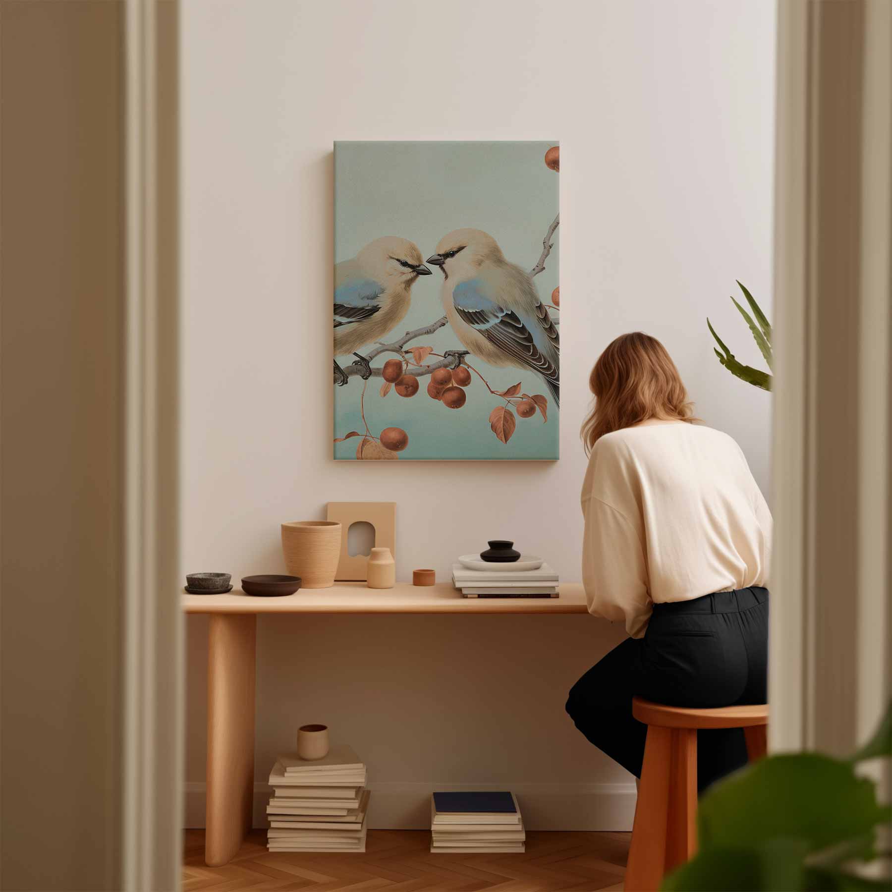 Twee Vogels op een Tak Kunstwerk-canvas-dibond-plexiglas-wanddecoratie-WallArtistic