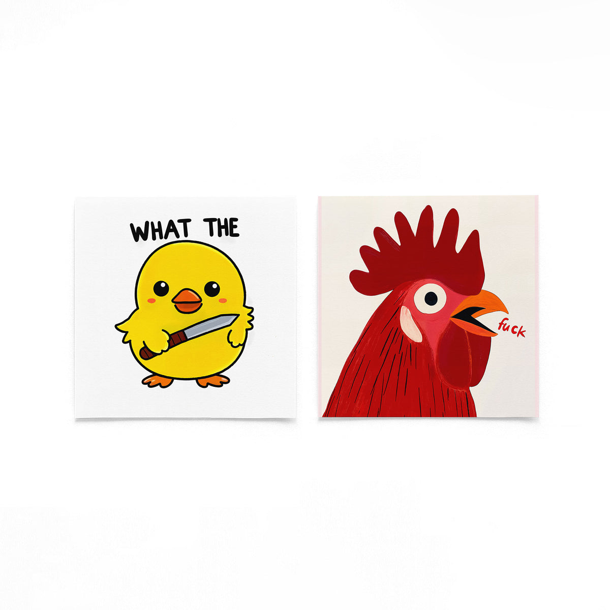 Twee vierkante posters met kuiken en haan op een gebroken witte achtergrond