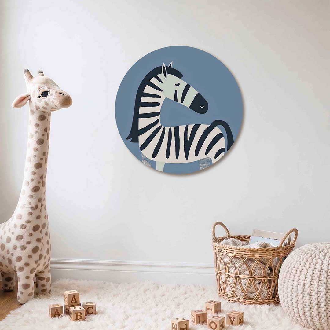 Zebra op blauwe achtergrond Muurcirkel