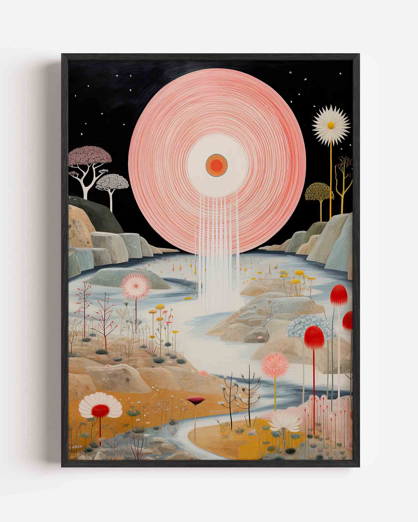 Landschap met grote roze cirkel Poster
