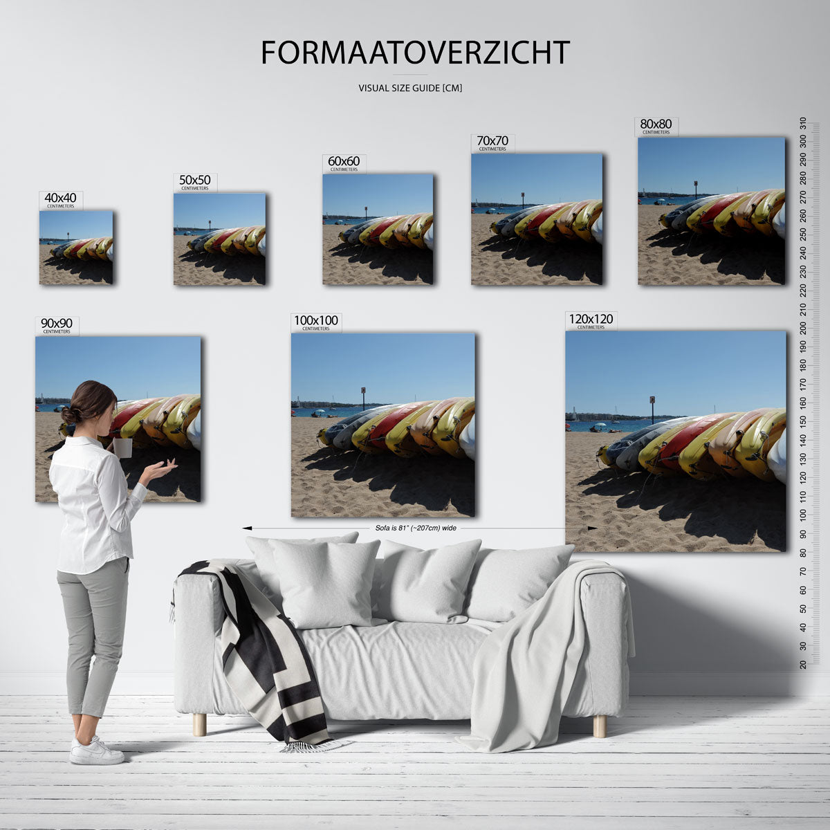 Kleurrijke kajaks op strand Poster