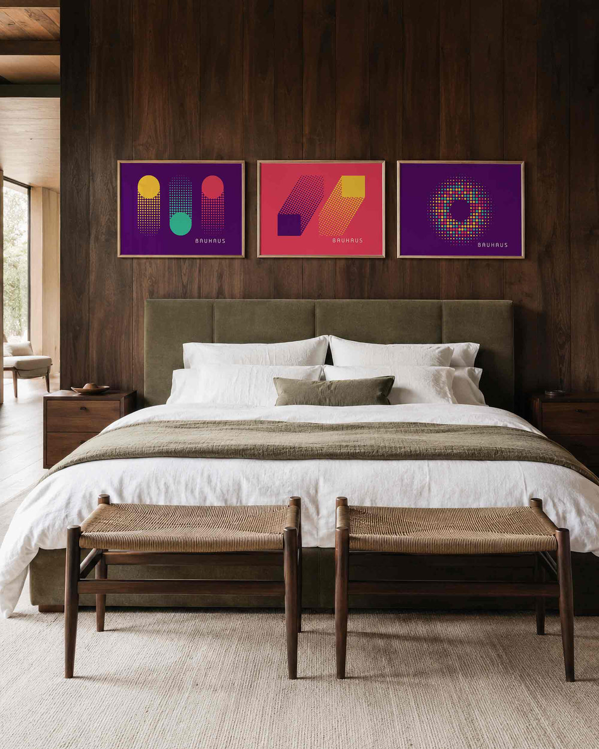 Interieurmockup van drieluik landscape-posterset met stippen en cirkelvlakken