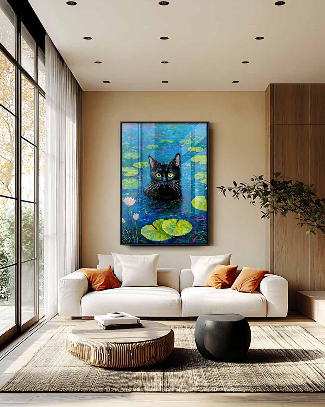 Katze im Seerosen-Kunstwerk