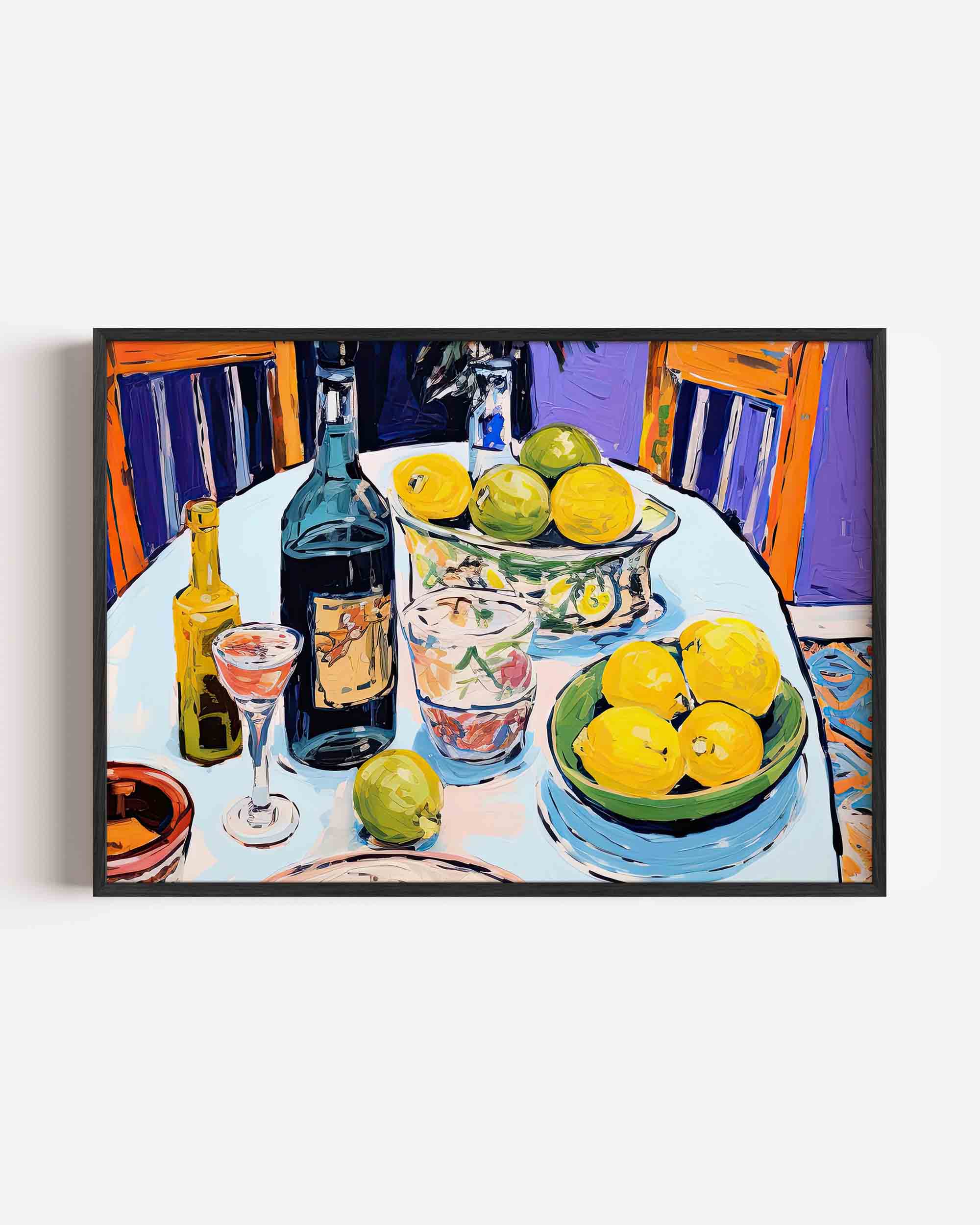 Citroenen en flessen op tafel Poster