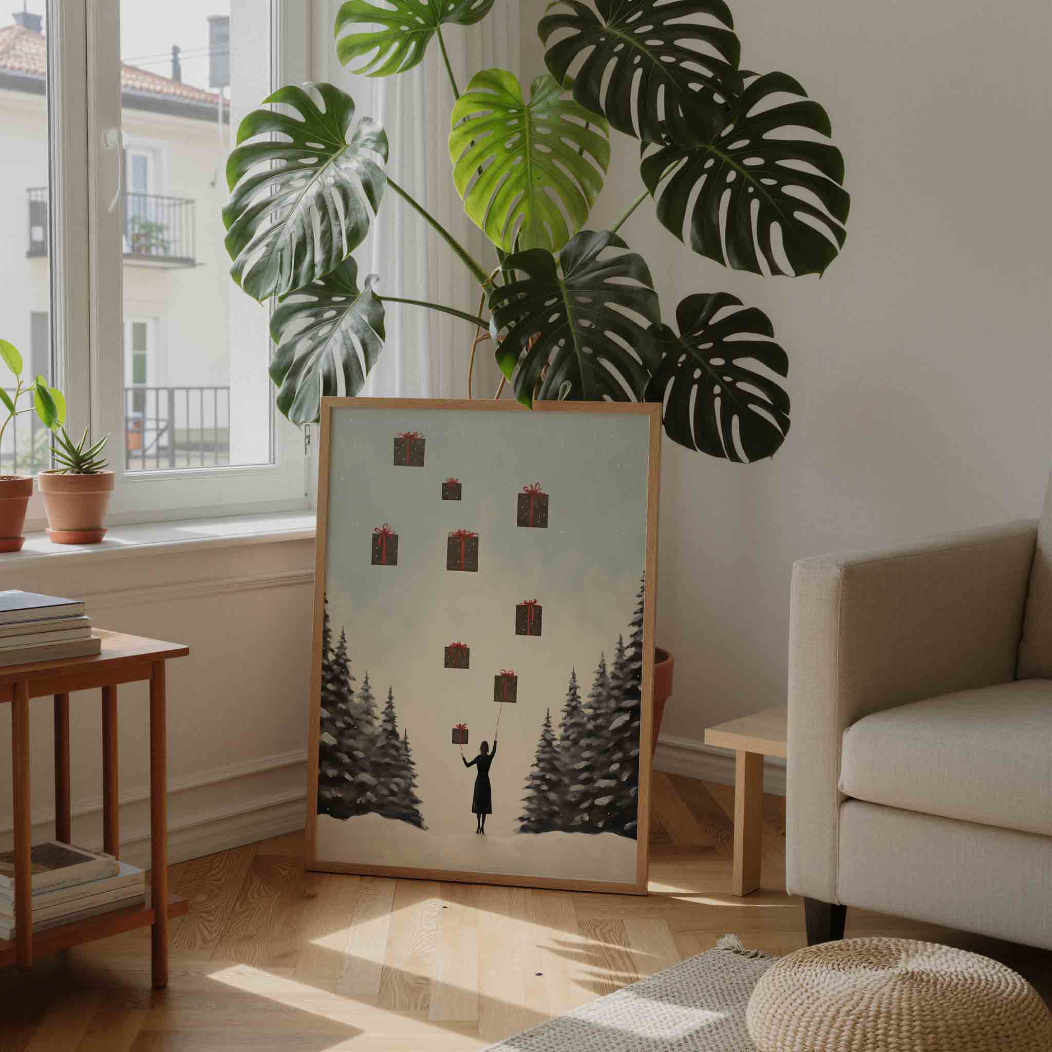 Vrouw met zwevende cadeaus Poster