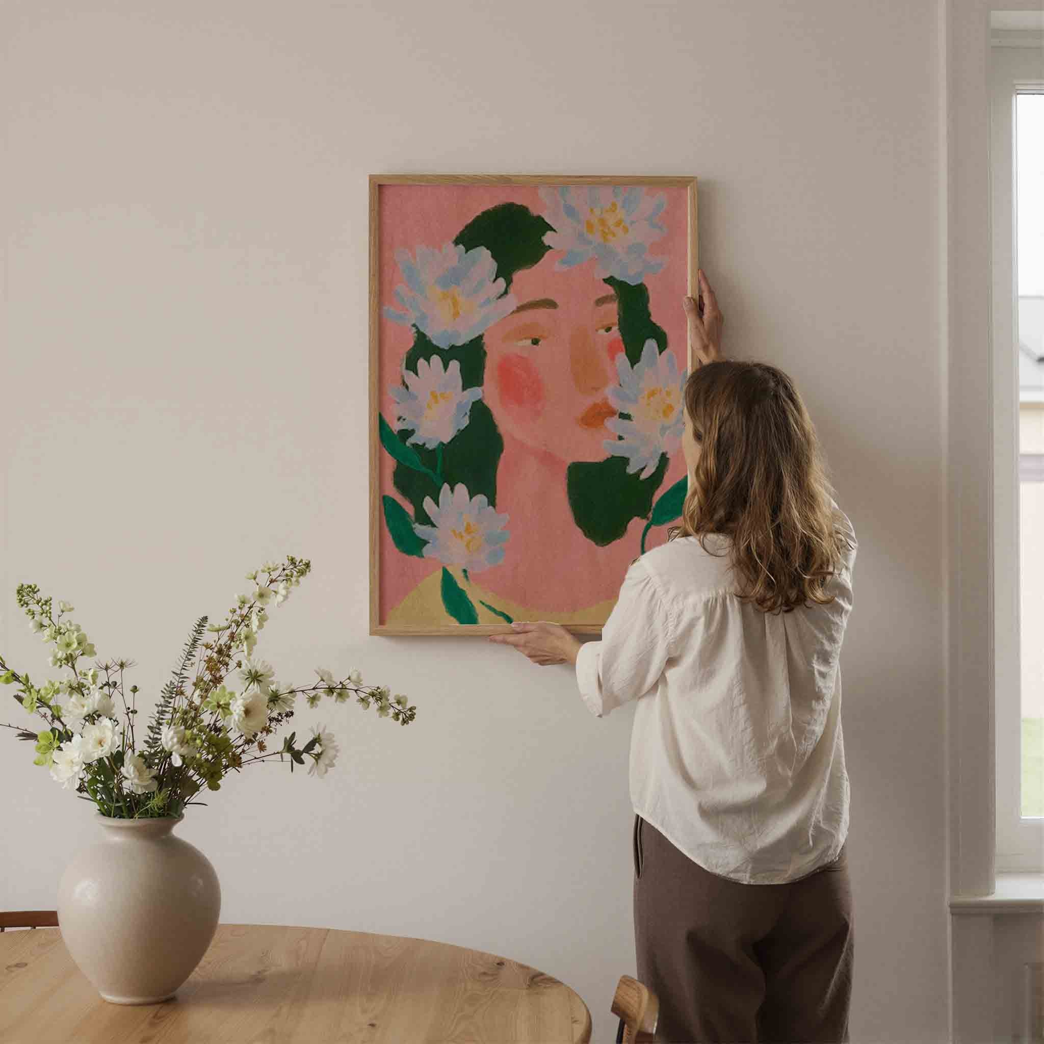 Bloemen en gezicht Poster