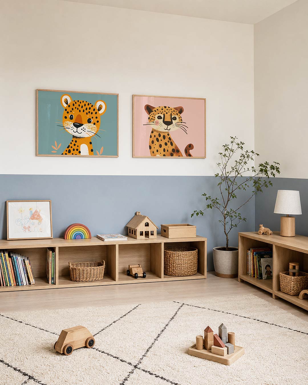 Tweedelige posterset met een speelse illustratie van een lachende, getoond in een interieur