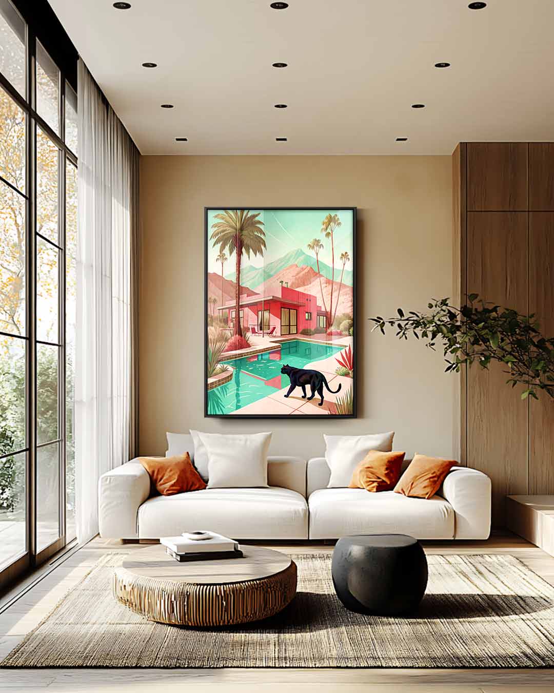 Modernes Traumhaus mit Kunstwerk einer schwarzen Katze