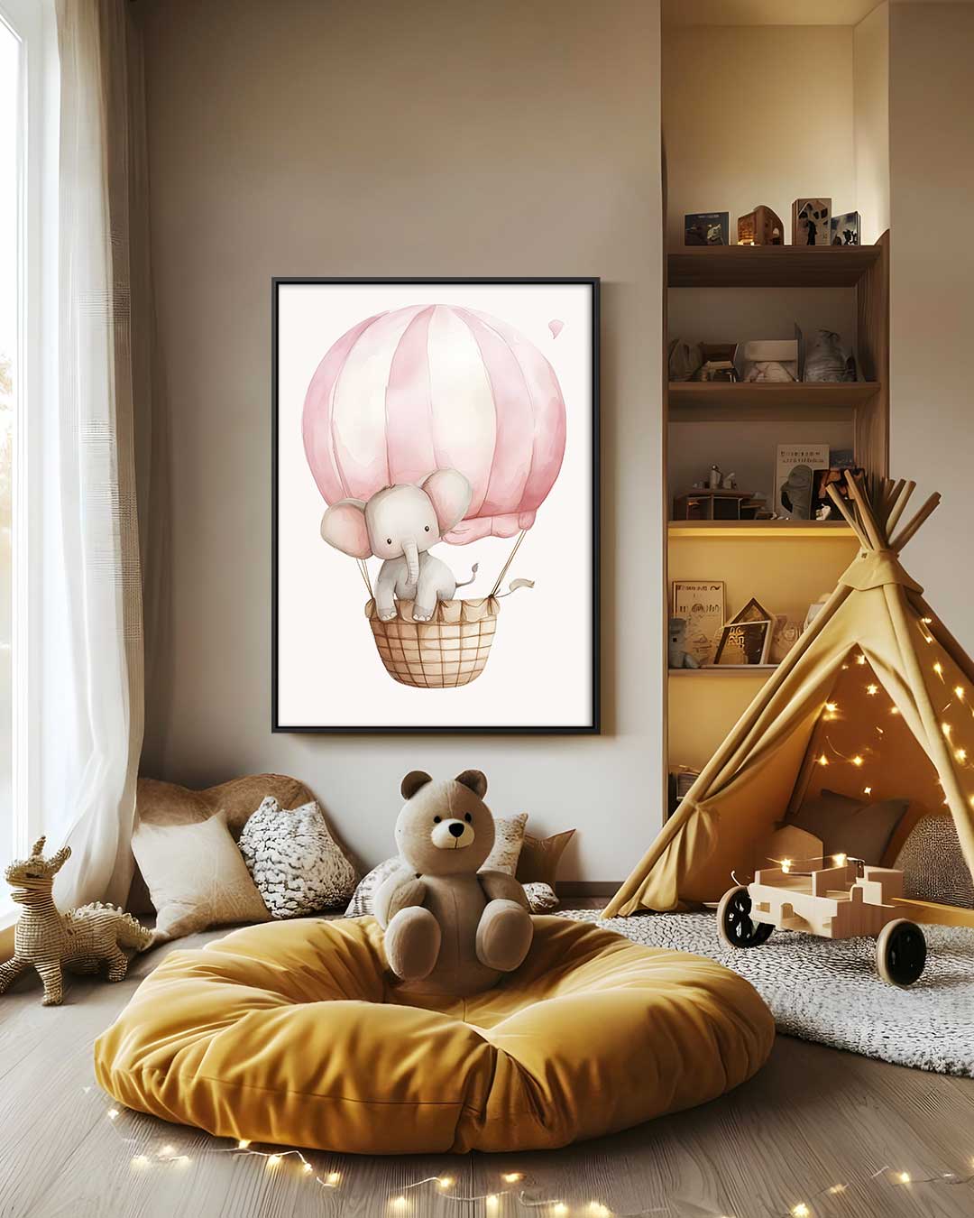 Baby Olifant in Luchtballon Kunstwerk-canvas-dibond-plexiglas-wanddecoratie-WallArtistic